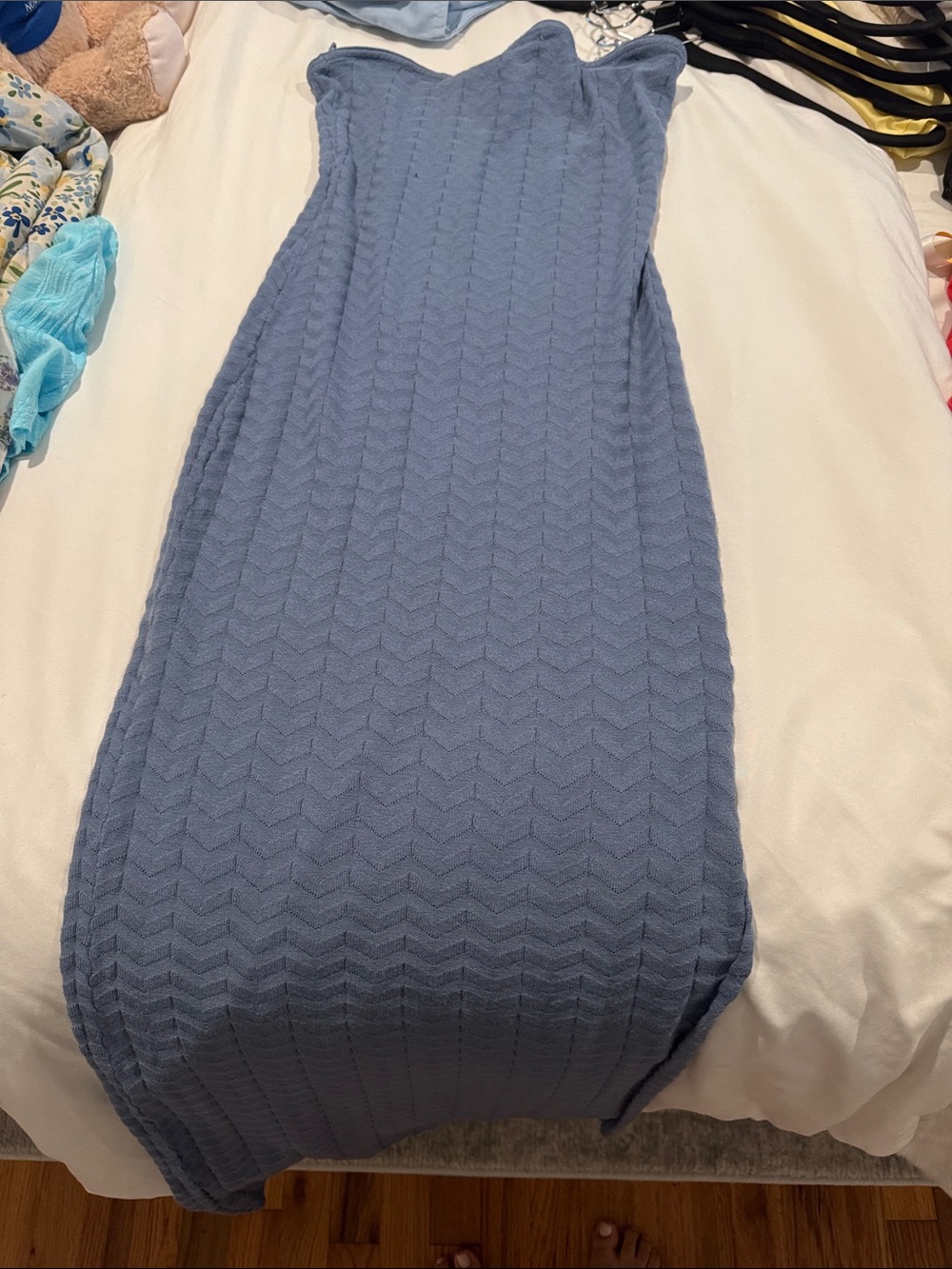 Strapless Textured Knit Maxi Dress in Dusty Blue